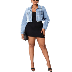 Shein Plus Front Button Frayed Trim Long Sleeve Ripped Denim Jacket
