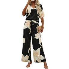 Kort ærme Jumpsuits & Overalls Shein Womens Holiday Casual Floral Printed Batwing Sleeve Shirt And Long Pants TwoPiece Set