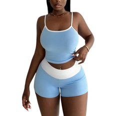 Shein Simple And Casual Basic Home Wear Womens TwoPiece Set Cute And Sporty UNeck Tight Crop Top And Low Waist Tight Shorts Blue And White Knitted Elastic