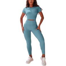 Seamless Jumpsuits & Overalls Shein Womens Solid Color Crew Neck Short Sleeve TShirt And Leggings High Stretch Seamless Sportswear Set