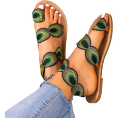 Multicoloured Sandals Shein 2024 New European And American Style Fashionable, Comfortable, Sexy Flat Peacock & Floral Details Toe Ring Beach Slippers For Women