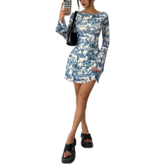 Shein Women's Early Autumn Print Flared Sleeve Backless Mesh Dress