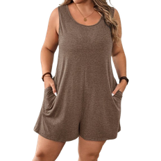 Shein Plus Women Summer Solid Color Crew Neck Dual Pocket Casual Jumpsuit