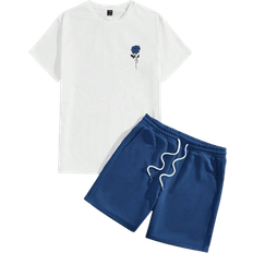 Shein Men Summer Sports Leisure Knit Rose Printed Short Sleeve TShirt And Drawstring Waist Shorts Set