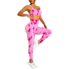 Pink - Women Jumpsuits & Overalls Shein Womens Seamless High Stretch Tie Dye Sports Set Random Print Crisscross Back Tank Top And Skinny Casual Yoga Pants