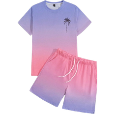 Shein Männer Sommer Verlauf Palmenbaum gedrucktes Rundhals Kurzarm Lässig T-Shirt und Shorts Set mit Kordelzug Taille