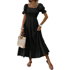Shein Ladies Summer Holiday Solid Color Textured Bubble Sleeve Long Dress