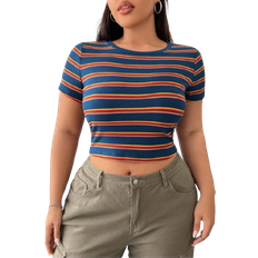 Shein Plus Womens Colorful Striped Round Neck Short Sleeve TShirt