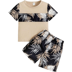 Shein Young Boy pcsSet Casual Holiday Palm Leaves Print Round Neck Short Sleeve TShirt And Shorts Summer Outfits