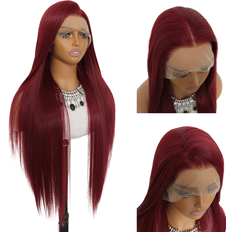 Shein SALLYWELL 13*4 Lace Front Wigs Straight Hair Glueless Lace Wigs Synthetic Long Silk Straight Natural Wig Heat Resistant Fiber Red Wig With Baby Hair For Women 32 Inches