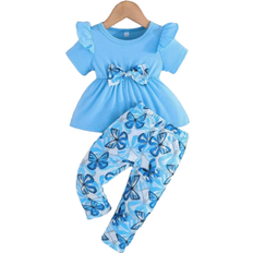 Shein Baby Girl Summer Short Sleeve Top With Ruffle Trim Round Neck Bowknot Detail And Butterfly Print Casual Pants Set