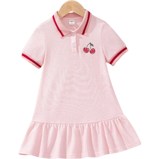 Shein Young Girl Cute Casual Short Sleeve Polo Collar Cherry Pattern Dress