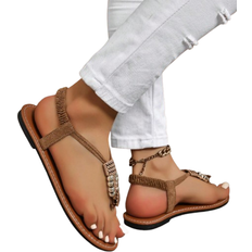 Shein Roman Style Pearl Beaded Khaki Color Women Sandals For Summer Fashionable And Versatile Flat Shoes That Matches Well With Skirts And Casual French O