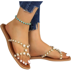 Shein Ladies Summer Flat Square Toe Sandals With Pearl Studs And Ankle Strap Elegant Slippers Fashion Shoes