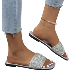 Shein Womens Flat Sandals New Summer Style Beaded And Pearled Slipper Fashionable And Elegant Brown Mary Jane Mule Shoes Suitable For Outdoor