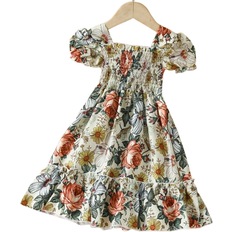 Shein Young Girl European And American Casual Summer Dress Retro Printed Short Sleeve Princess Dress Outing Or Vacation