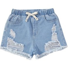Shein Tween Girls' College Style Loose Fit Basic Casual Comfortable Ripped Waist Drawstring Denim Shorts
