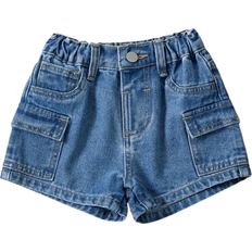 Shein Girls' Mid Washed Blue Denim Shorts With Folded Hem