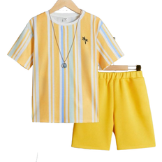 Shein Tween Boys' Palm Tree Print Striped Short Sleeve T-Shirt And Shorts Set, Casual & Comfortable