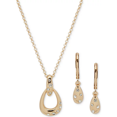 Anne Klein Gold-Tone Pave Pear-Shape Pendant Necklace & Drop Earrings Set Crystal Wh (ONE SIZE)