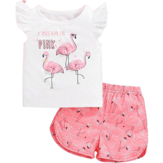 Shein Baby Girls' Summer Casual Flamingo Printed Top With Ruffle Trim And Shorts, Cute Decorated Outfits