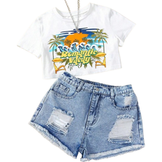 Shein Teen Girl Vintage Tropical Print White Short TShirt And Street Style Cool Distressed Loose Fit Denim Shorts Set