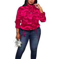 Camouflage - Women Jackets Shein Plus Size Camouflage Print Drawstring Hem Jacket - Camouflage Print