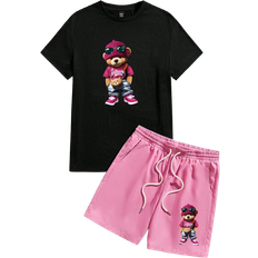 Shein Standard Mens Bear Print ShortSleeved TShirt Pink Shorts TwoPiece Suit