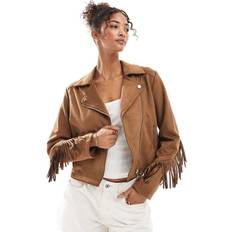New Look Women's Tan Fringe Trimmed Faux Suede Jacket - Tan