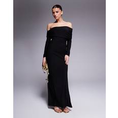 Asymmetric Fold Over Shoulder Drape Detail Bodycon Maxi Dress - Black