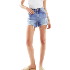 Bershka High Waisted Ripped Denim Shorts - Mid Blue