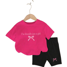 Shein pcs Baby Girls Fashionable And Cute Bowknot Letter Print Casual Comfortable Round Neck Short Sleeve TShirt And Shorts Set Suitable For Summer Vacation