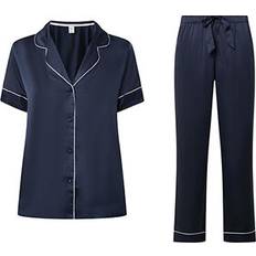 Satin Pyjamasser Chelsea Peers Satin Lace Long Sleeve - Marineblå