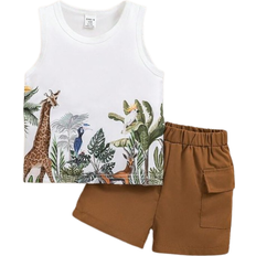 Shein Baby Boys Cute Cartoon Animal Pattern Printed Vest Top And Shorts Set For SpringSummer