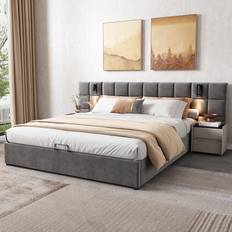 Double Upholstered Platform Bed Frame With Wide Headboard