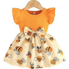 Shein Baby Girl Summer Flutter Sleeve Dress Lovely Bee Print With Bowknot And Stripe Design