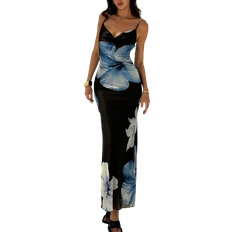 Shein Blumen bedrucktes Damen enganliegendes Trägerkleid mit tief ausgeschnittenem gerafftem Ausschnitt, durchsichtigem Rücken und Spaghettiträgern