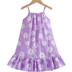Shein Young Girl Summer Holiday Beach Playtime Purple Crinkled Blossom Pattern Sleeveless Loose Fit MidLength ALine Strap Dress Summer