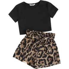 Shein Girls Crop Tee and Paperbag Waist Shorts Set