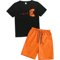 Shein Tween Boy Gamepad Graphic Tee - Drawstring Waist Shorts