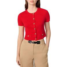 Gold - Women Cardigans Maje Cropped Gold Tone Buttons Crewneck Cardigan - Rouge