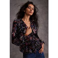 Puff Sleeve Blouses Mint Velvet Abstract Print Tie Detail Top - Black
