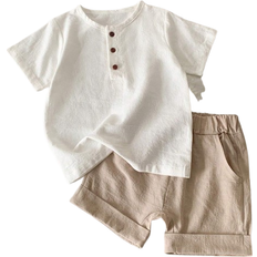 Shein Toddler Boys Half Button Tee & Roll Up Hem Shorts