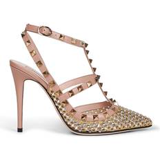 Women - Yellow Heels & Pumps Valentino Garavani Leather And Rhinestones Mesh Rockstud Slingback Pumps - Women