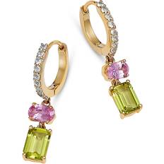 Moon & Meadow 14K Yellow Gold Pink Sapphire Green Peridot White Topaz Huggie Hoop Earrings