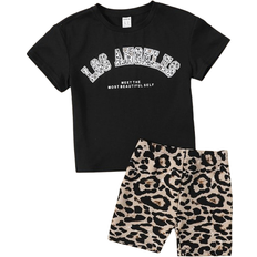 Shein Toddler Girls Slogan & Leopard Print Tee & Shorts