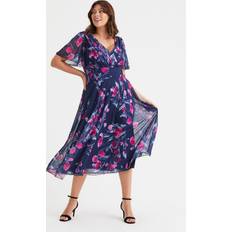 Scarlett & Jo Victoria Floral Angel Sleeve Mesh Midi Dress Navy/Pink
