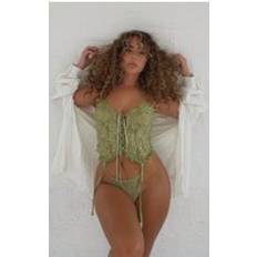 PrettyLittleThing Floral Lace Lace Up Corset With Suspender And Thong - Sage Green