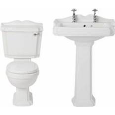 Milano Windsor Traditional White Ceramic Close Coupled Toilet and Full Pedestal Bathroom Basin Sink 2 Tap Hole