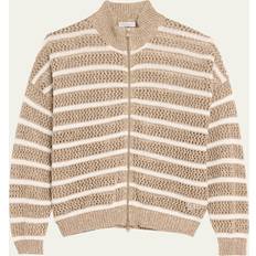 Linen Cardigans Brunello Cucinelli French Riveria Paillette Knit Zip-Up Cardigan - Beige